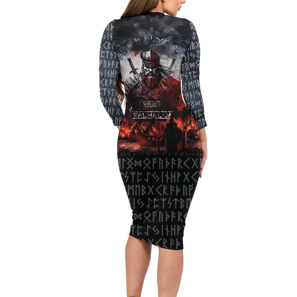 Viking Valhalla Long Sleeve Bodycon Dress Norseman and Burning Battlefield - Wonder Print Shop