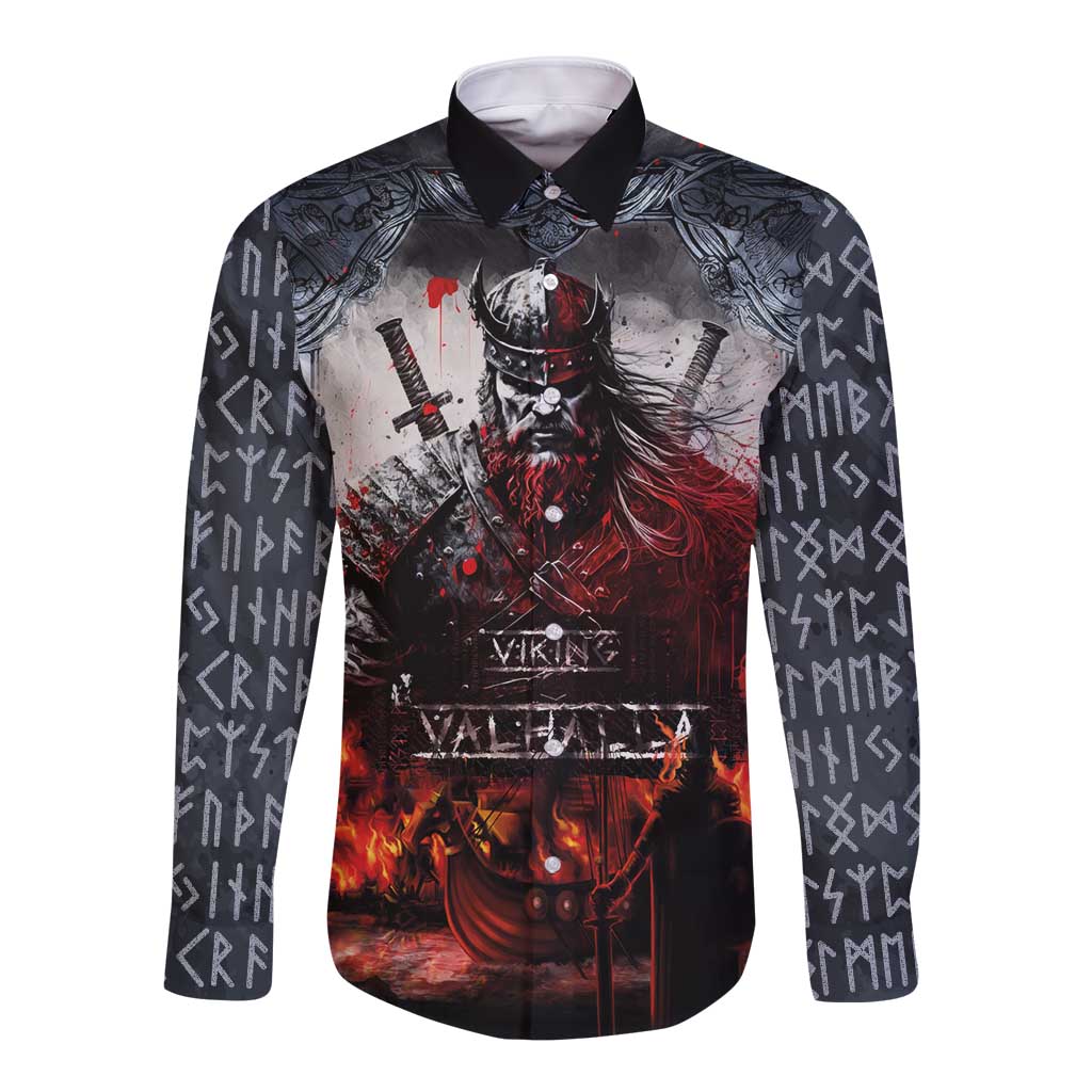 Viking Valhalla Long Sleeve Button Shirt Norseman and Burning Battlefield - Wonder Print Shop