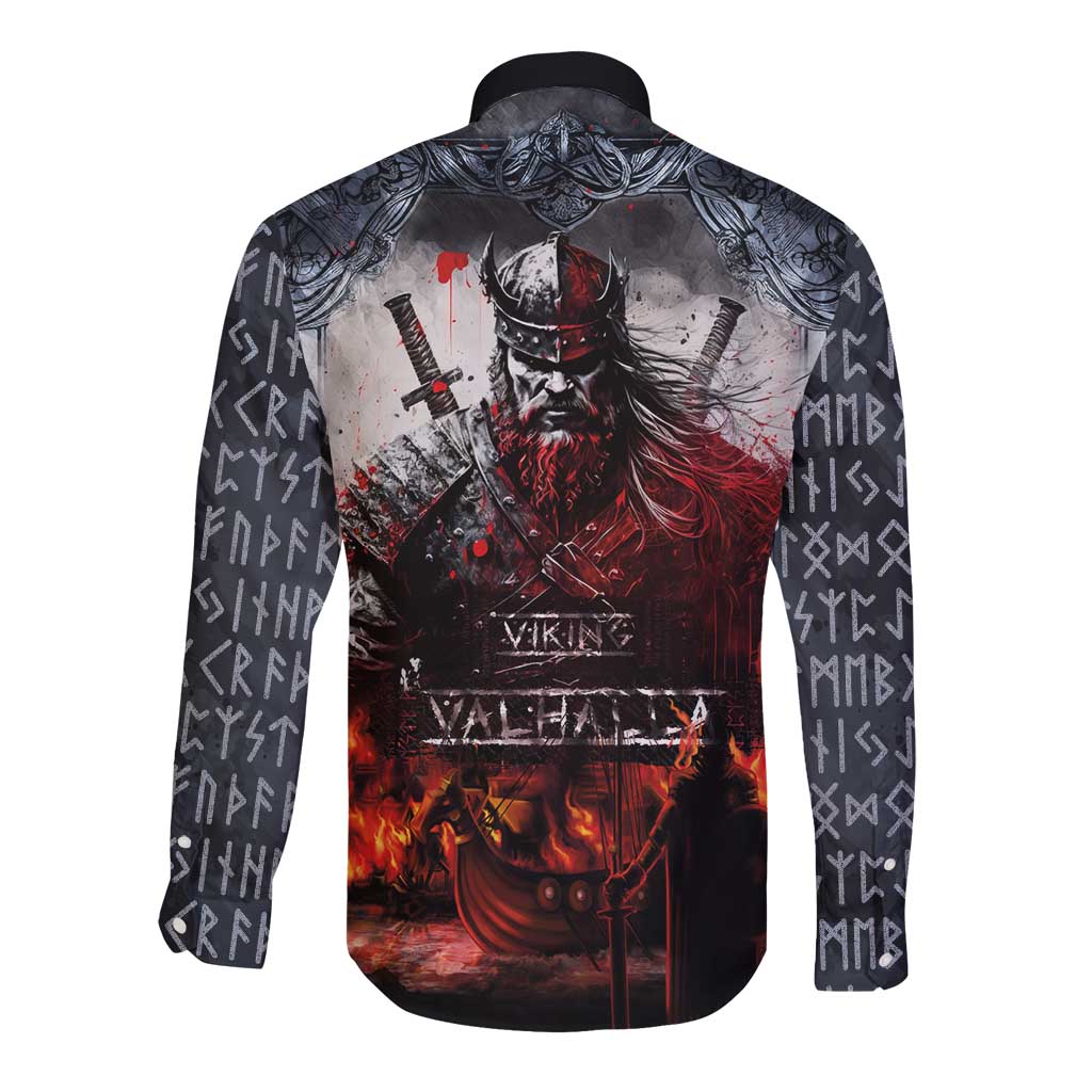 Viking Valhalla Long Sleeve Button Shirt Norseman and Burning Battlefield - Wonder Print Shop