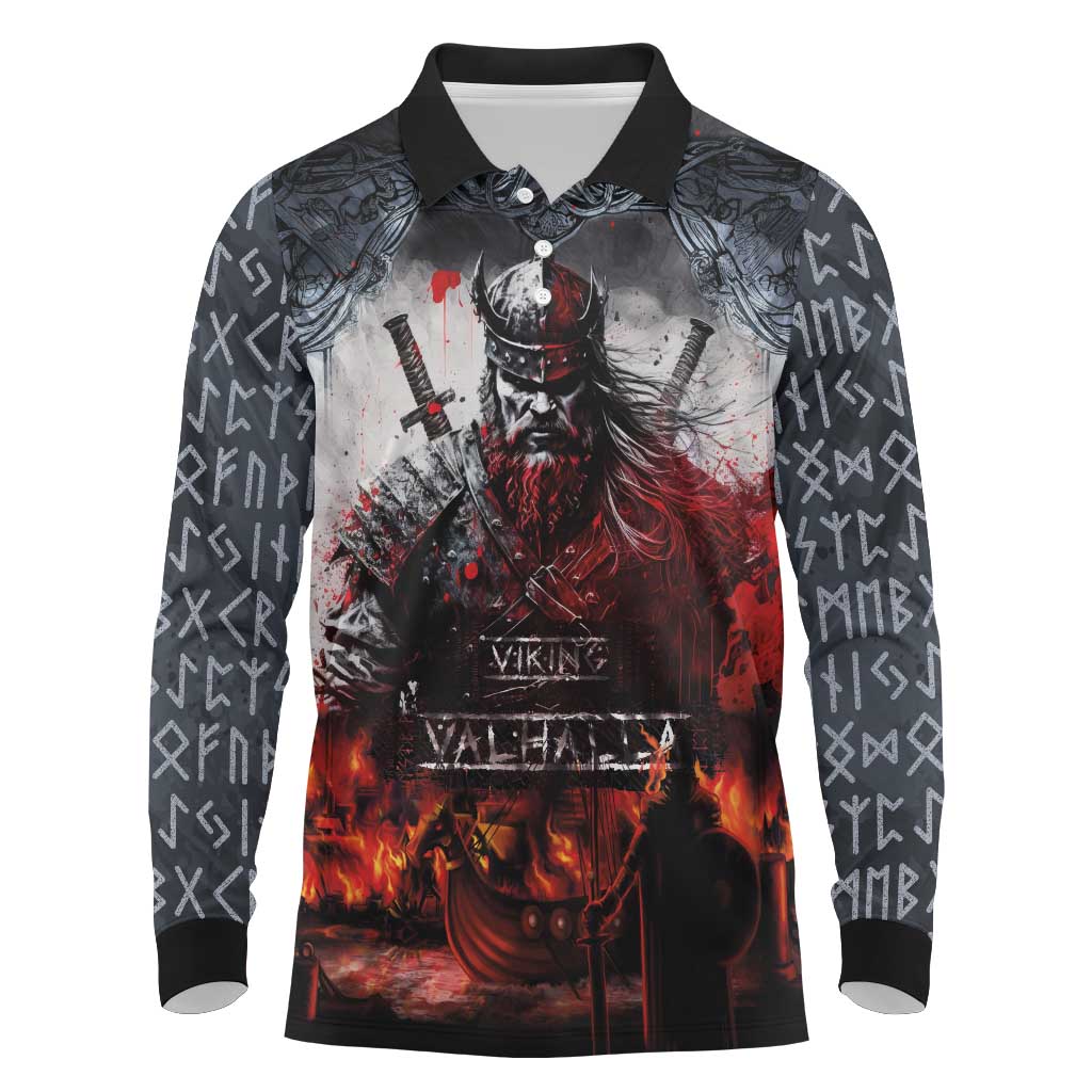 Viking Valhalla Long Sleeve Polo Shirt Norseman and Burning Battlefield - Wonder Print Shop