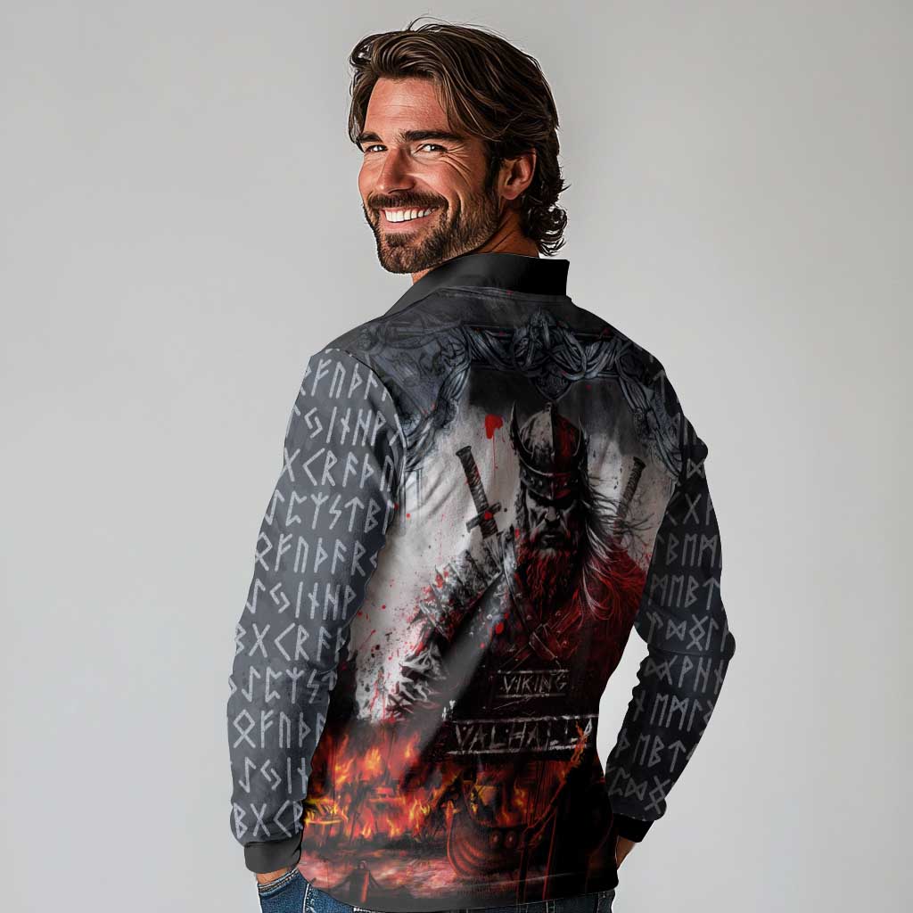 Viking Valhalla Long Sleeve Polo Shirt Norseman and Burning Battlefield - Wonder Print Shop
