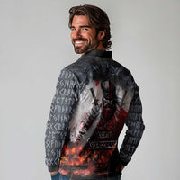 Viking Valhalla Long Sleeve Polo Shirt Norseman and Burning Battlefield - Wonder Print Shop