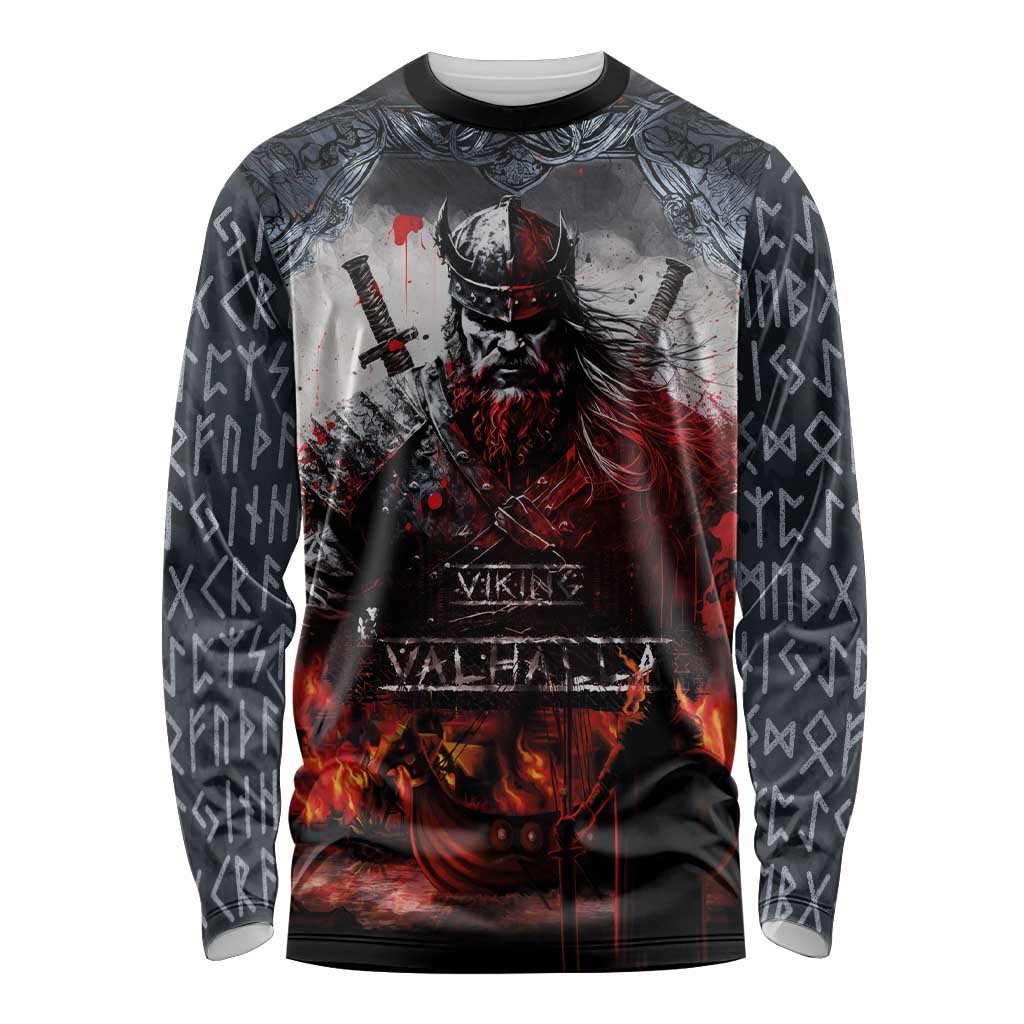 Viking Valhalla Long Sleeve Shirt Norseman and Burning Battlefield - Wonder Print Shop
