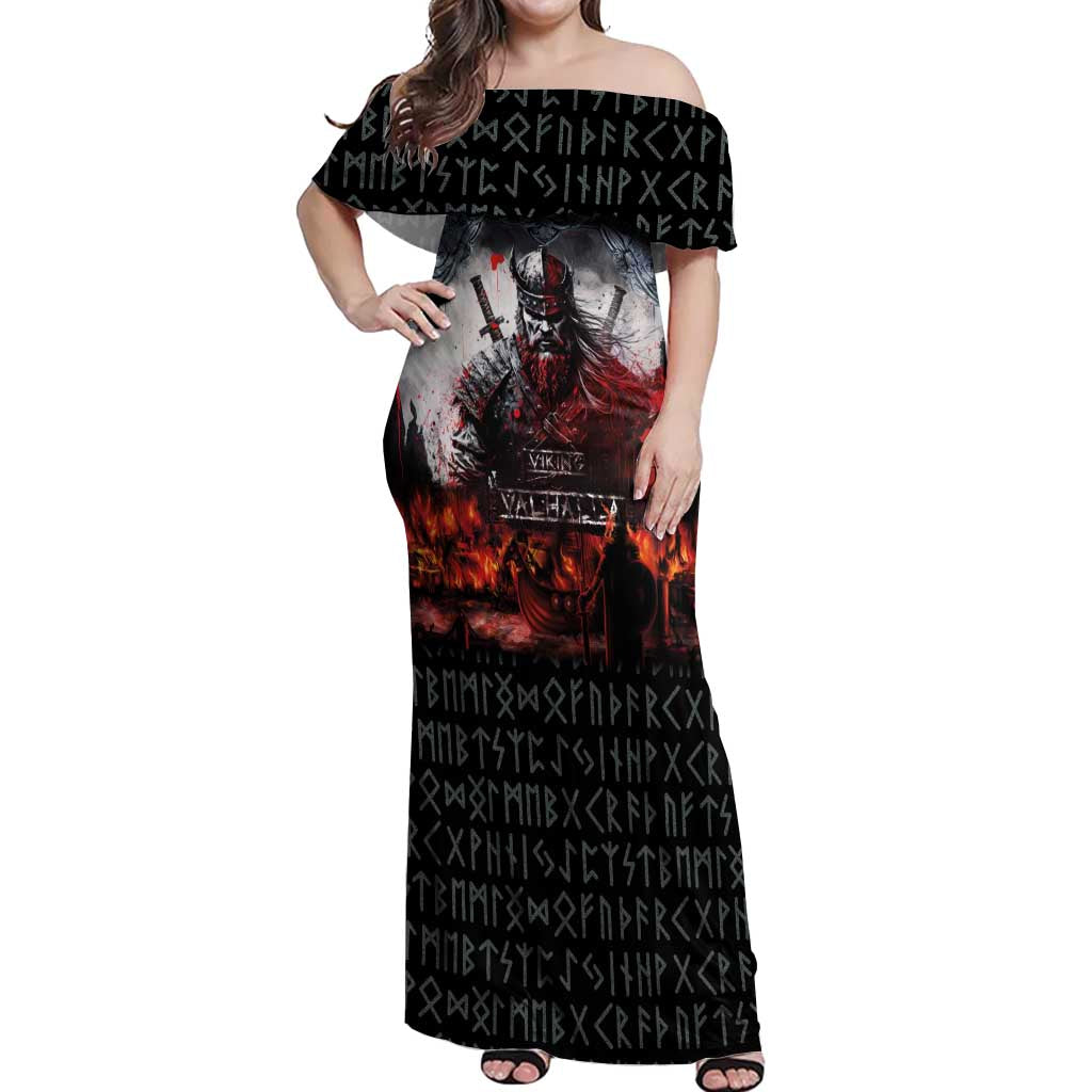 Viking Valhalla Off Shoulder Maxi Dress Norseman and Burning Battlefield - Wonder Print Shop