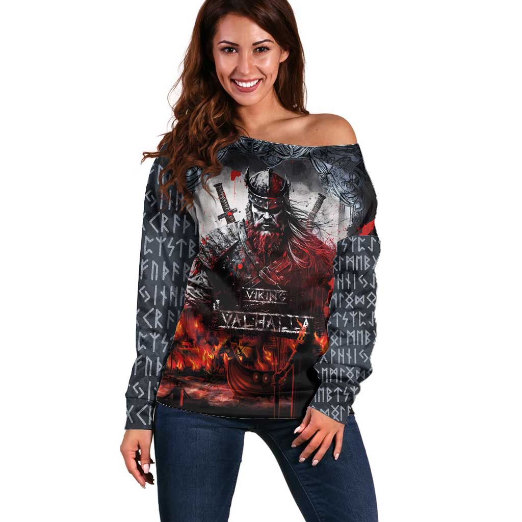 Viking Valhalla Off Shoulder Sweater Norseman and Burning Battlefield - Wonder Print Shop