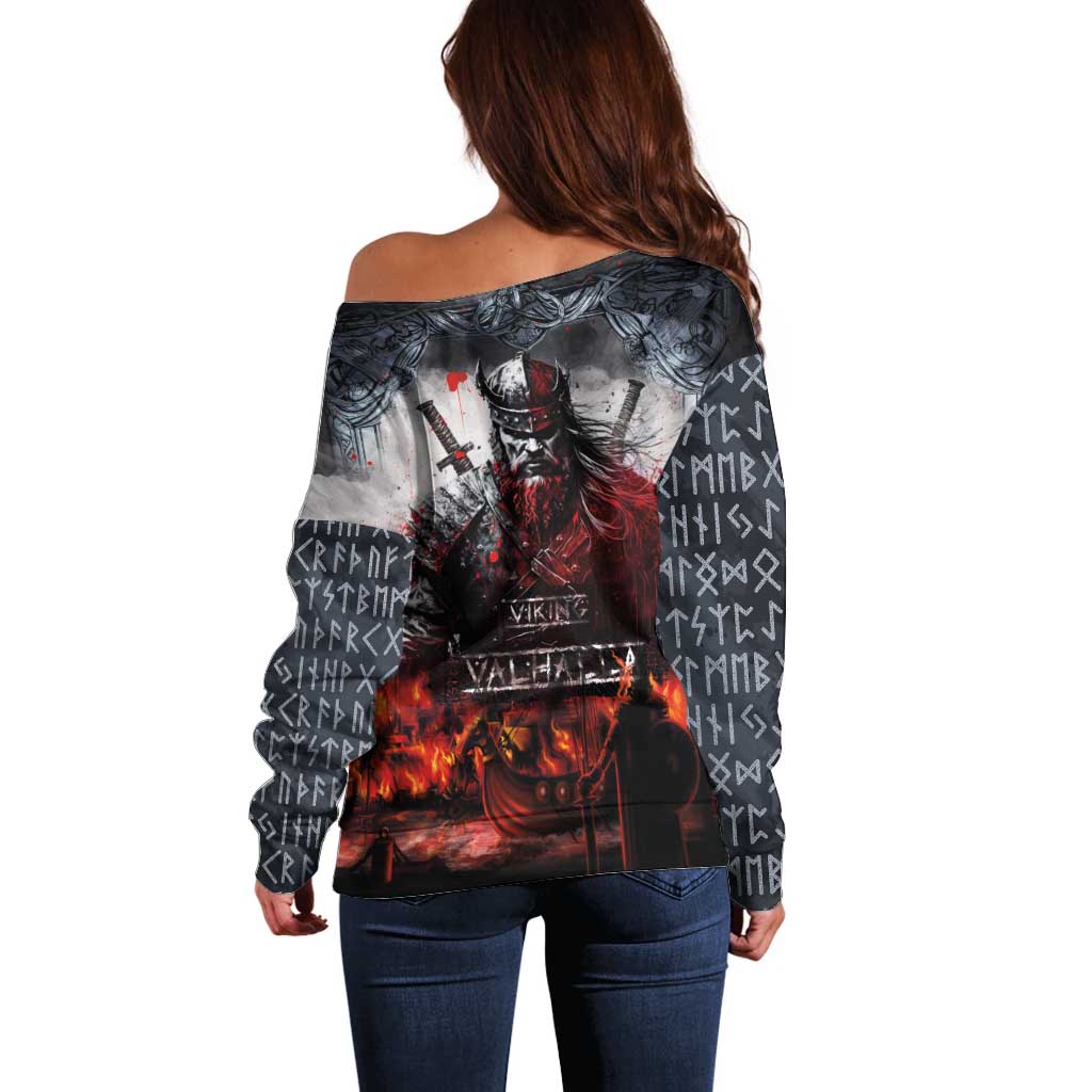 Viking Valhalla Off Shoulder Sweater Norseman and Burning Battlefield - Wonder Print Shop