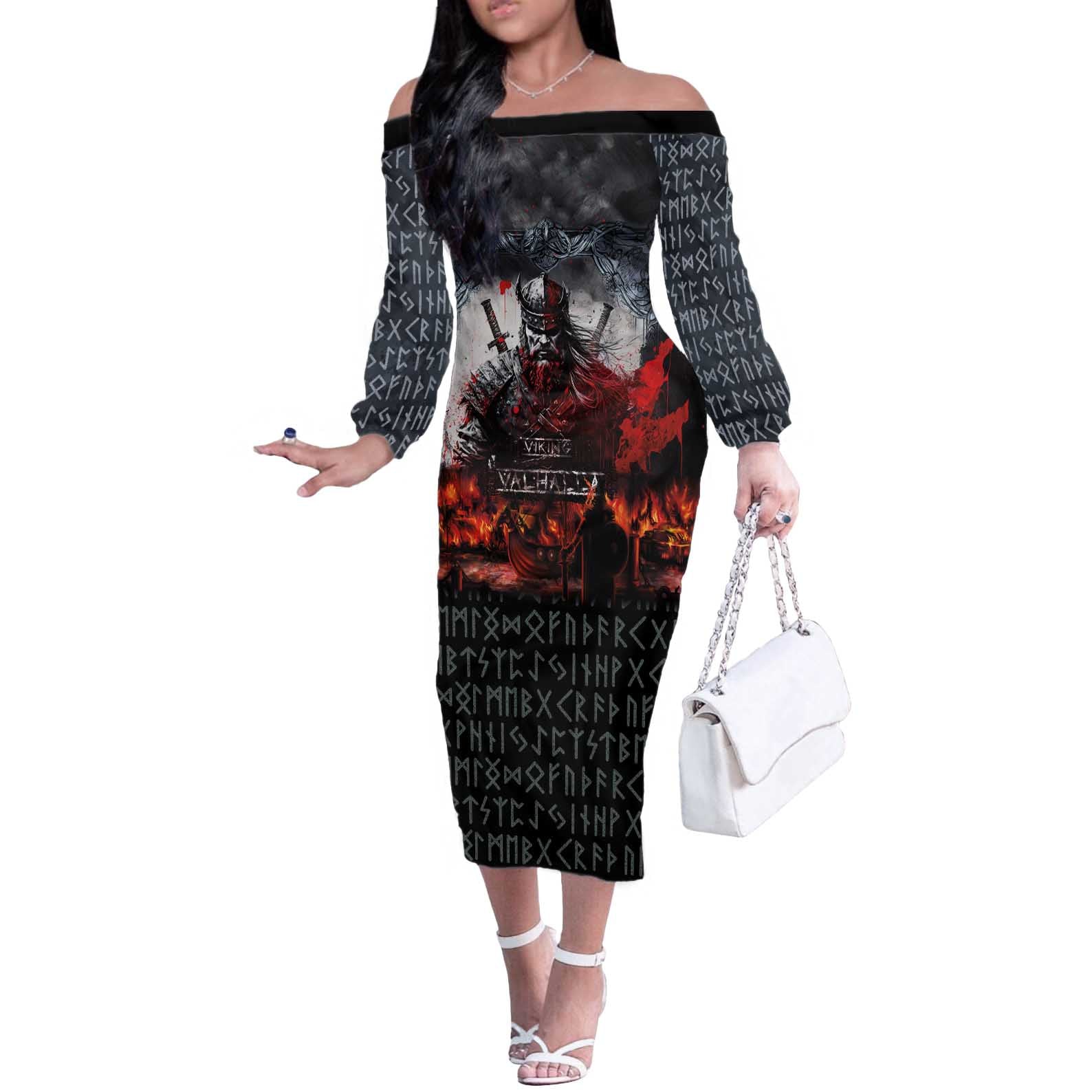 Viking Valhalla Off The Shoulder Long Sleeve Dress Norseman and Burning Battlefield - Wonder Print Shop