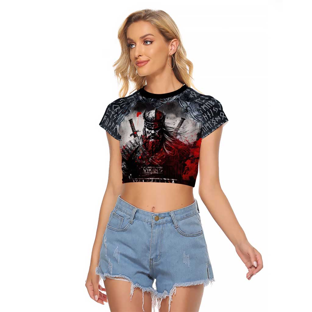 Viking Valhalla Raglan Cropped T Shirt Norseman and Burning Battlefield - Wonder Print Shop