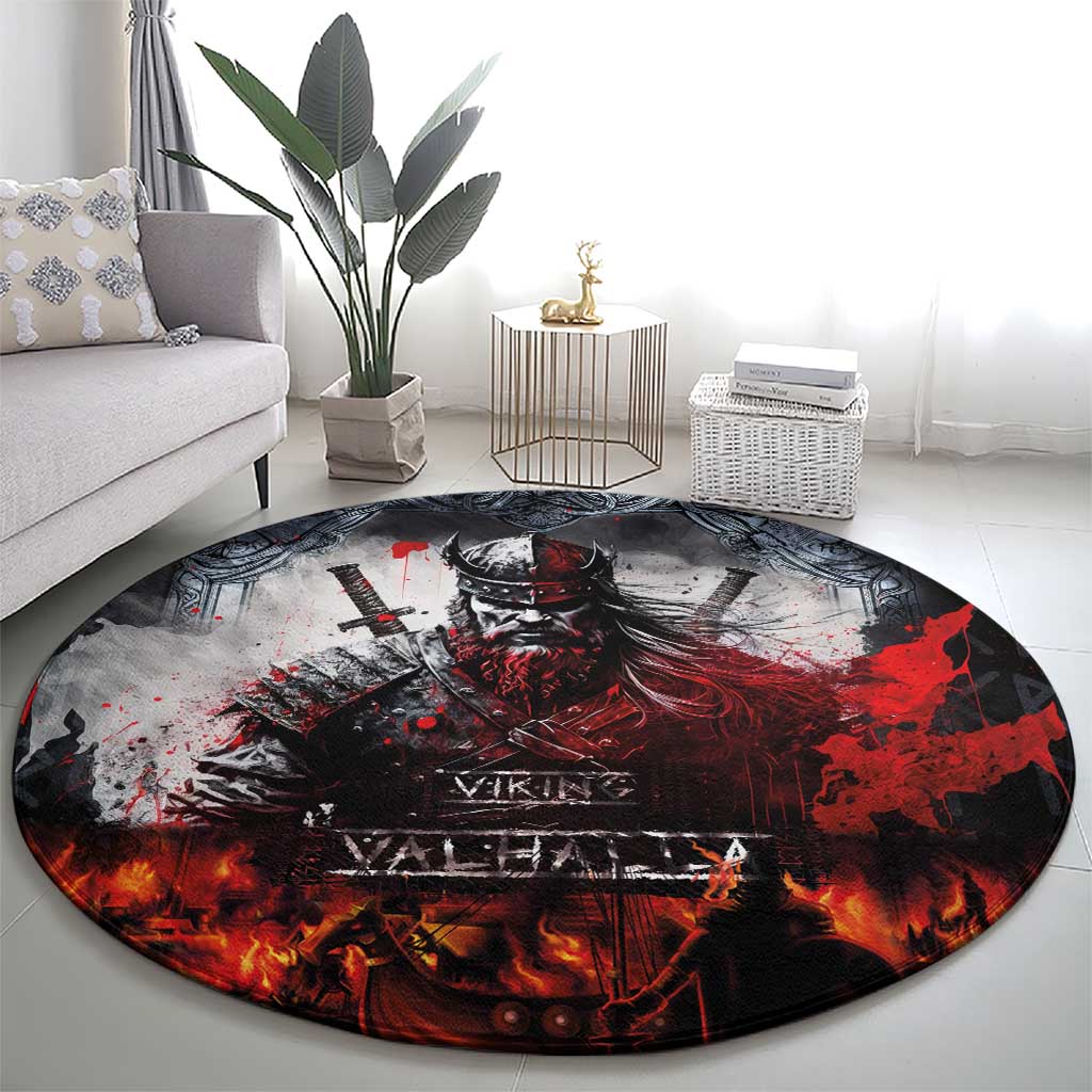 Viking Valhalla Round Carpet Norseman and Burning Battlefield - Wonder Print Shop