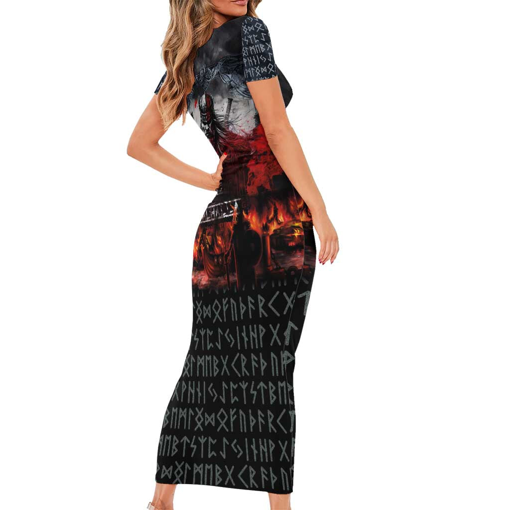 Viking Valhalla Short Sleeve Bodycon Dress Norseman and Burning Battlefield - Wonder Print Shop