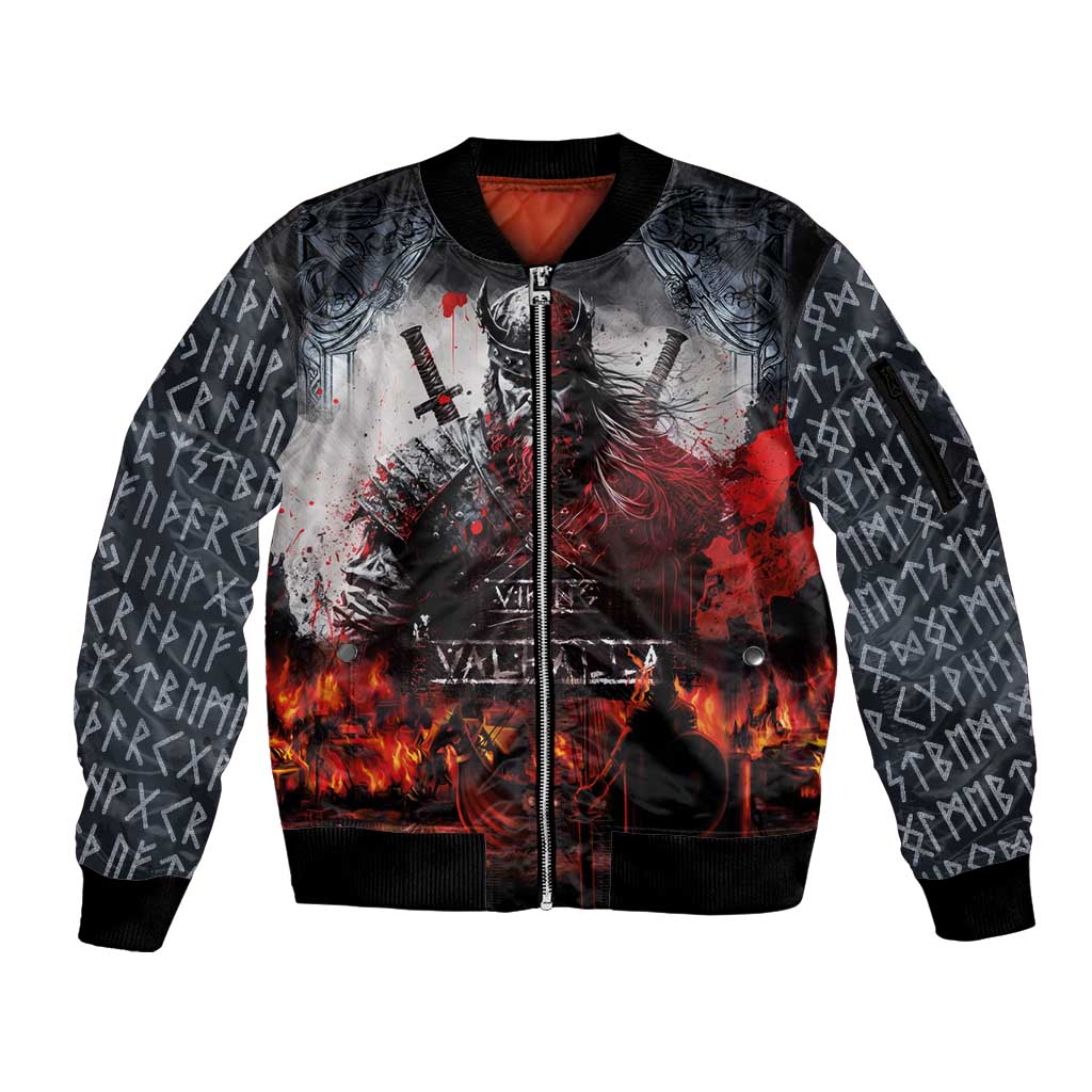 Viking Valhalla Sleeve Zip Bomber Jacket Norseman and Burning Battlefield - Wonder Print Shop