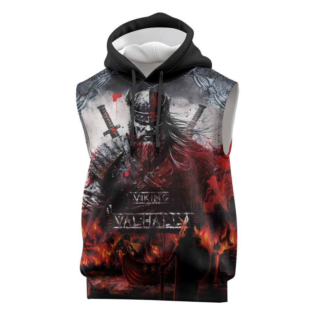 Viking Valhalla Sleeveless Hoodie Norseman and Burning Battlefield - Wonder Print Shop