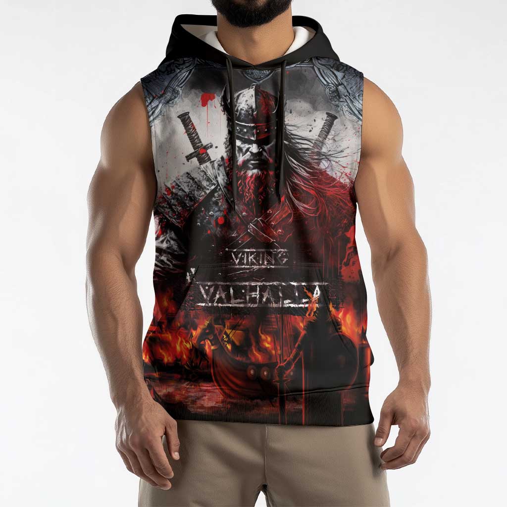 Viking Valhalla Sleeveless Hoodie Norseman and Burning Battlefield - Wonder Print Shop