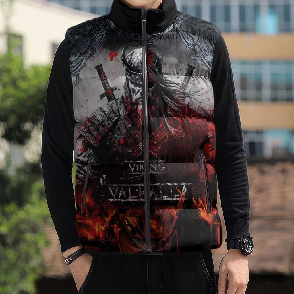 Viking Valhalla Sleeveless Puffer Jacket Norseman and Burning Battlefield - Wonder Print Shop