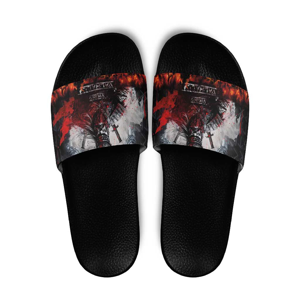 Viking Valhalla Slide Sandals Norseman and Burning Battlefield - Wonder Print Shop