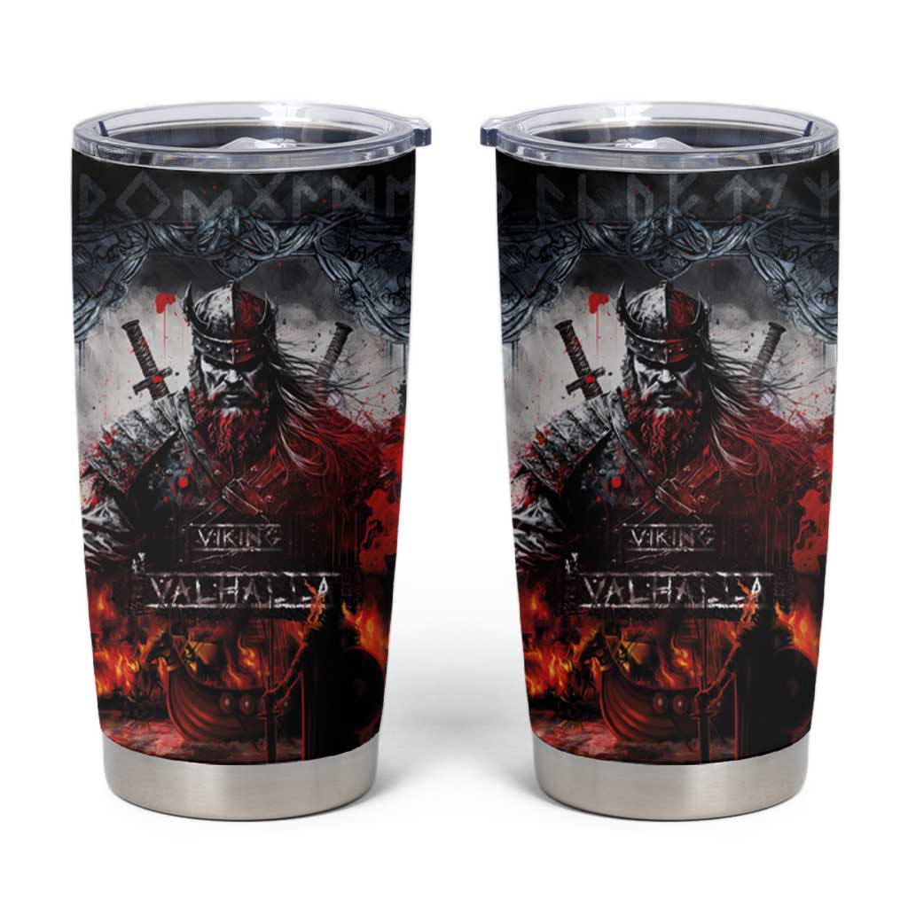 Viking Valhalla Tumbler Cup Norseman and Burning Battlefield - Wonder Print Shop