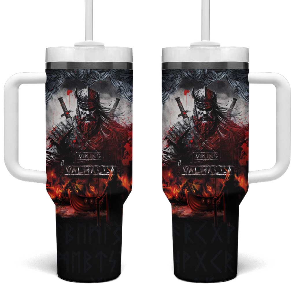 Viking Valhalla Tumbler With Handle Norseman and Burning Battlefield - Wonder Print Shop