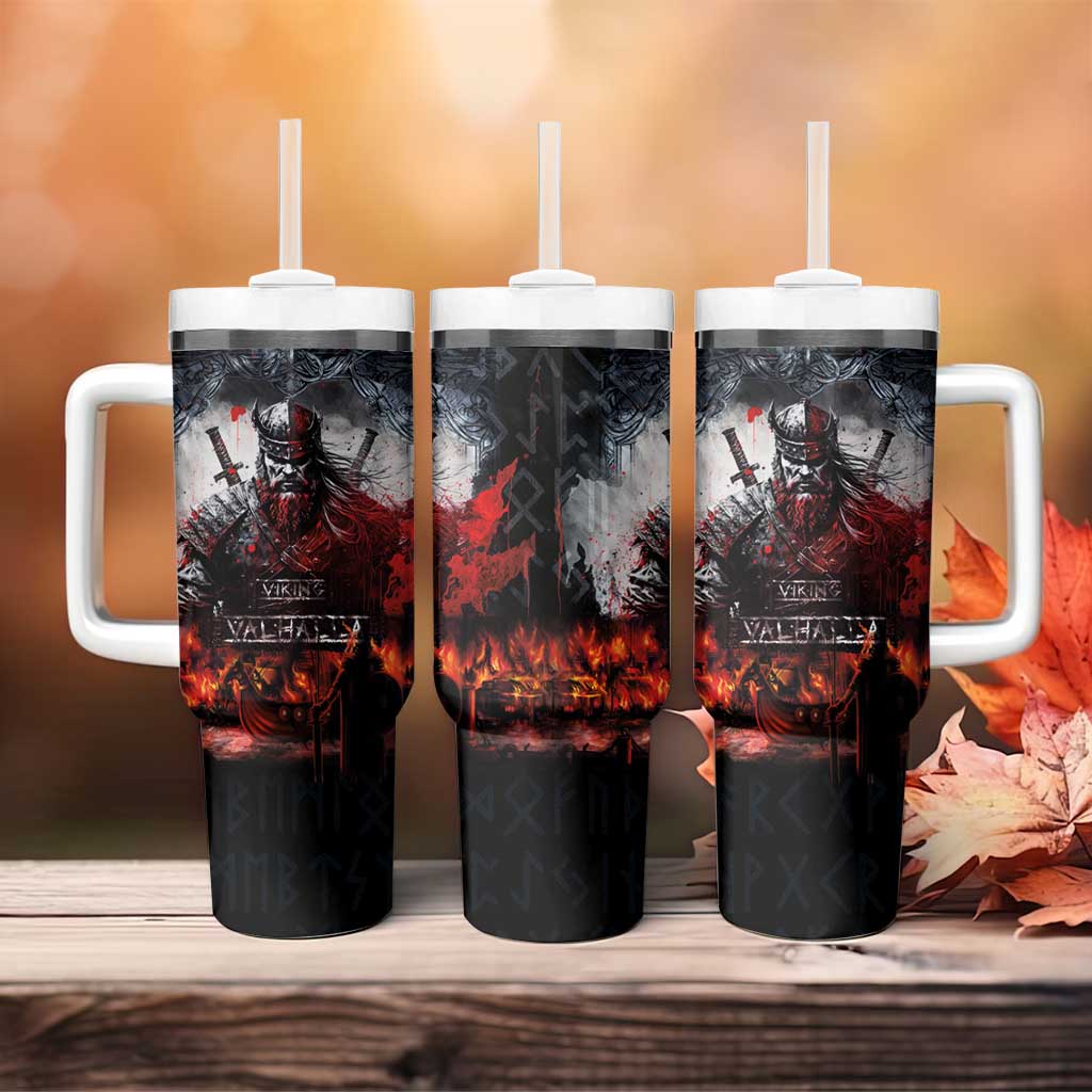 Viking Valhalla Tumbler With Handle Norseman and Burning Battlefield - Wonder Print Shop