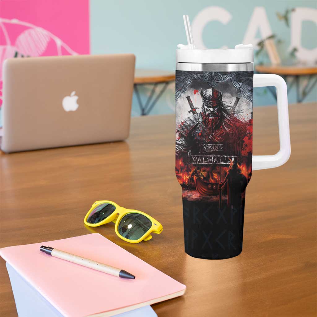Viking Valhalla Tumbler With Handle Norseman and Burning Battlefield - Wonder Print Shop