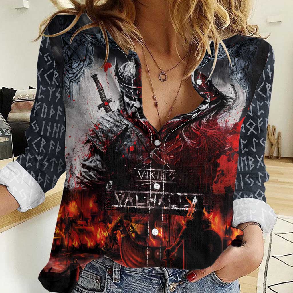 Viking Valhalla Women Casual Shirt Norseman and Burning Battlefield - Wonder Print Shop