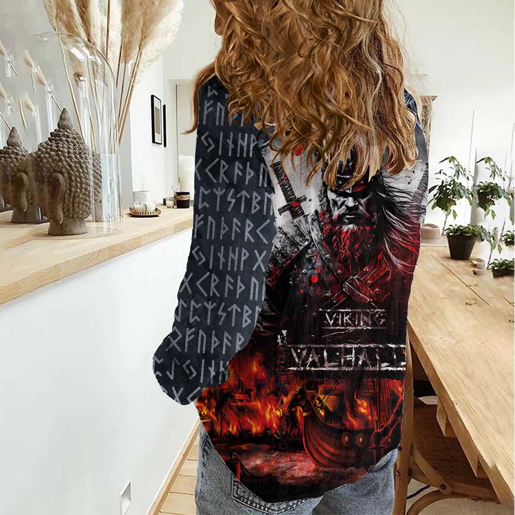 Viking Valhalla Women Casual Shirt Norseman and Burning Battlefield - Wonder Print Shop