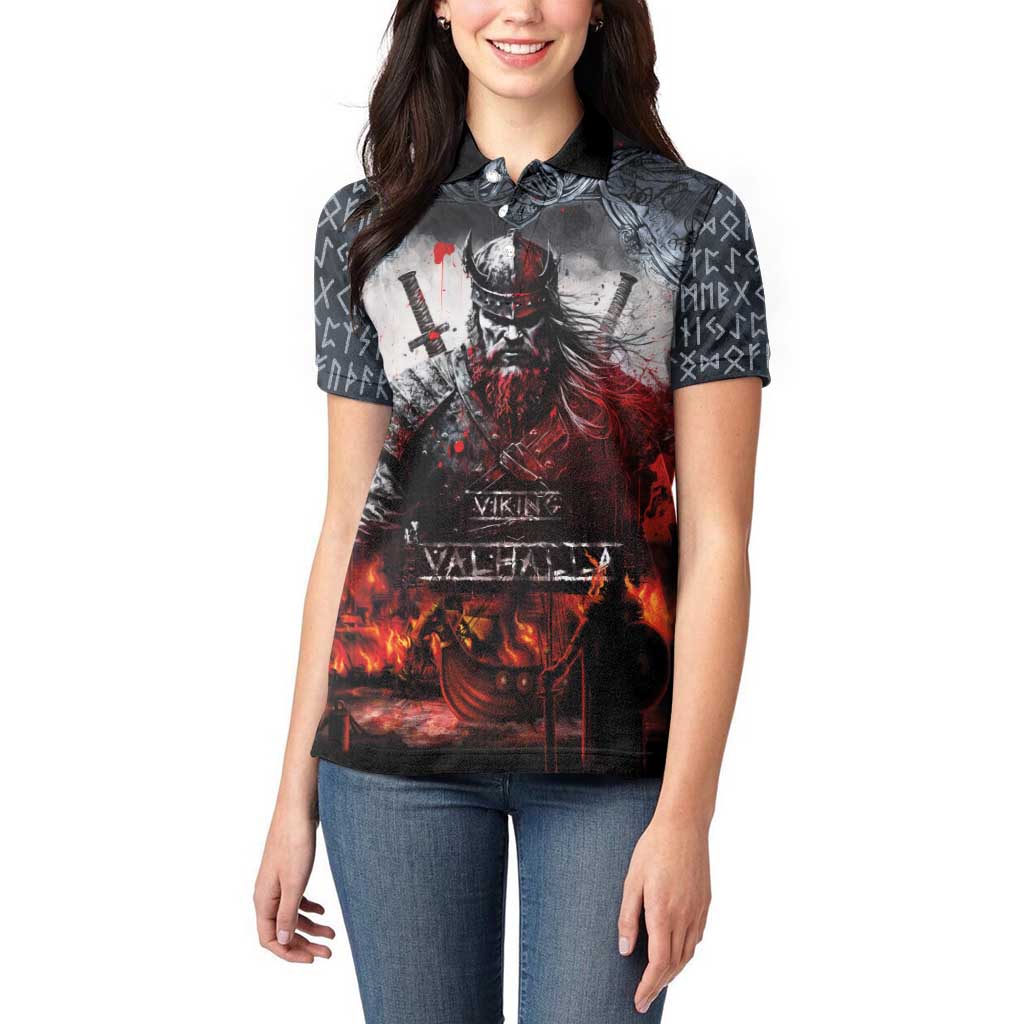 Viking Valhalla Women Polo Shirt Norseman and Burning Battlefield - Wonder Print Shop