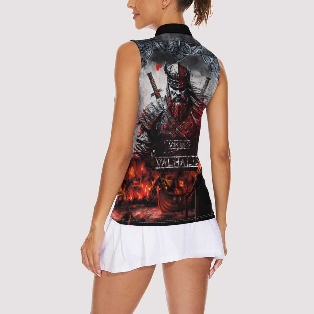 Viking Valhalla Women Sleeveless Polo Shirt Norseman and Burning Battlefield - Wonder Print Shop