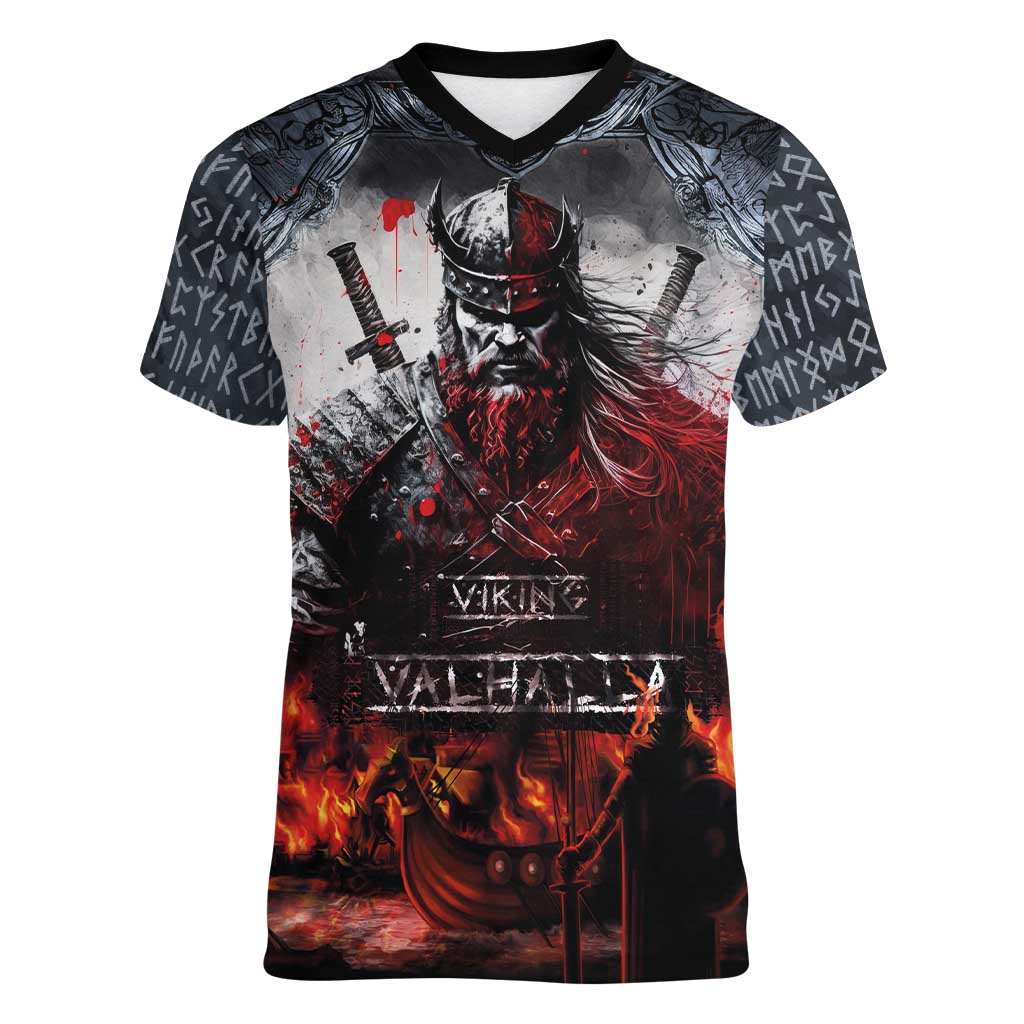 Viking Valhalla Women V-Neck T-Shirt Norseman and Burning Battlefield - Wonder Print Shop