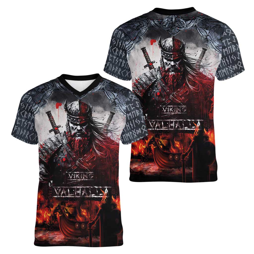 Viking Valhalla Women V-Neck T-Shirt Norseman and Burning Battlefield - Wonder Print Shop