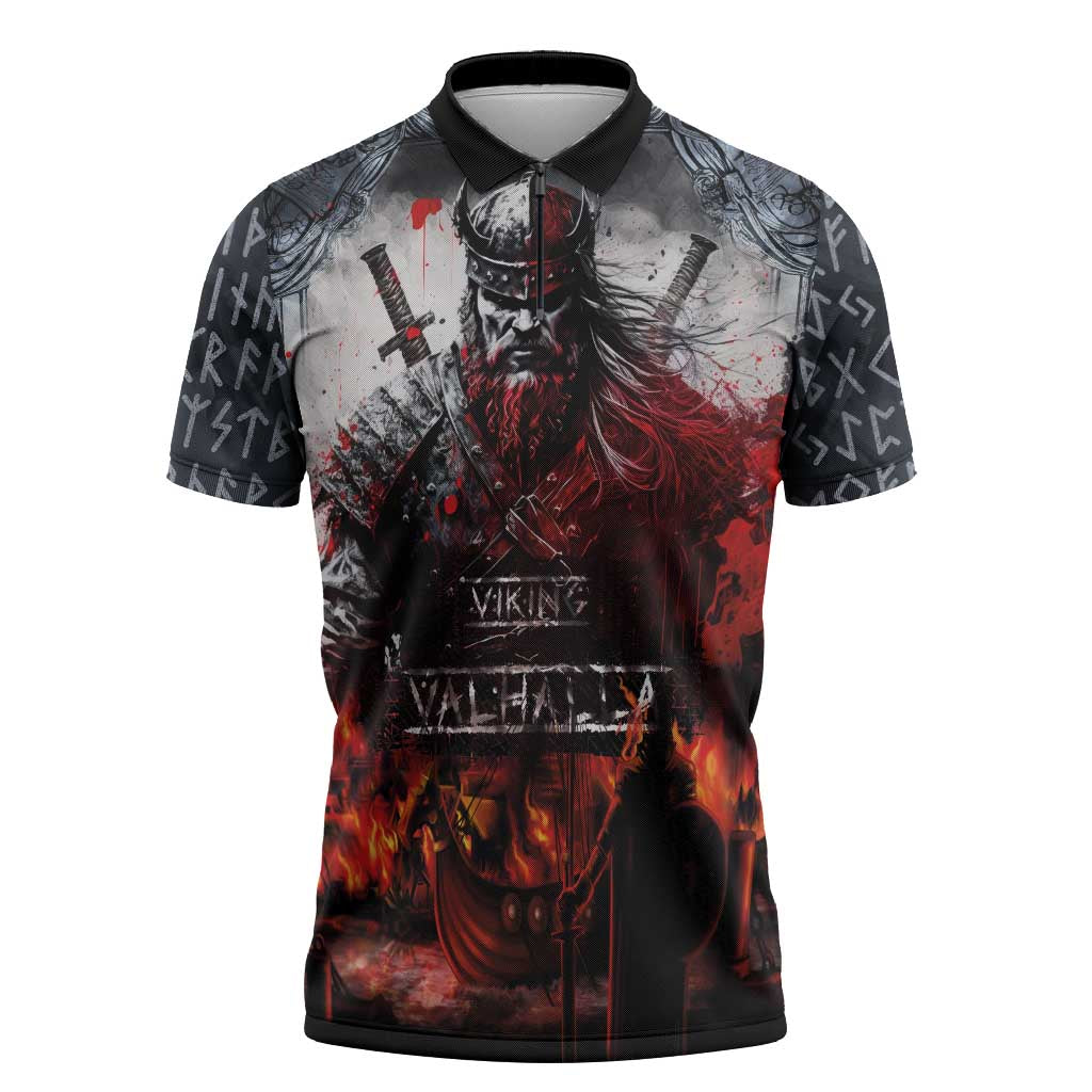 Viking Valhalla Zipper Polo Shirt Norseman and Burning Battlefield - Wonder Print Shop