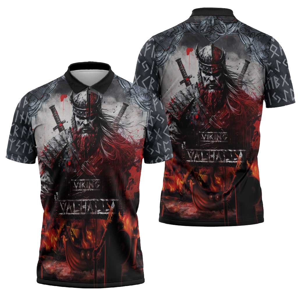 Viking Valhalla Zipper Polo Shirt Norseman and Burning Battlefield - Wonder Print Shop