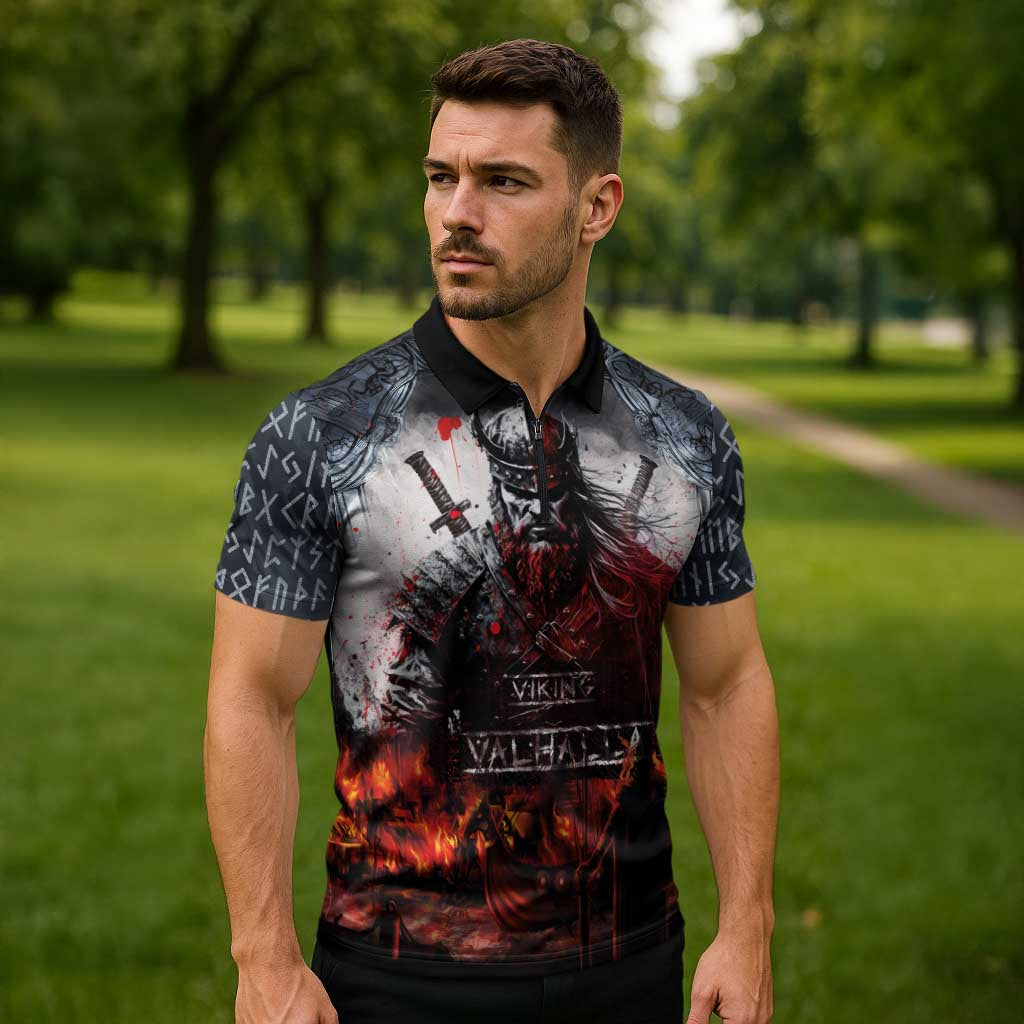 Viking Valhalla Zipper Polo Shirt Norseman and Burning Battlefield - Wonder Print Shop