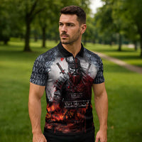 Viking Valhalla Zipper Polo Shirt Norseman and Burning Battlefield - Wonder Print Shop