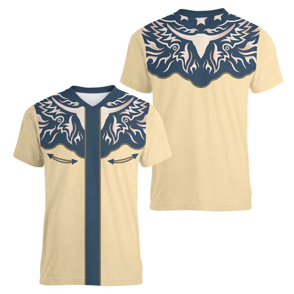 Vintage Western Yoke Shirt Ornament Style Women V-Neck T-Shirt - Wonder Print Shop