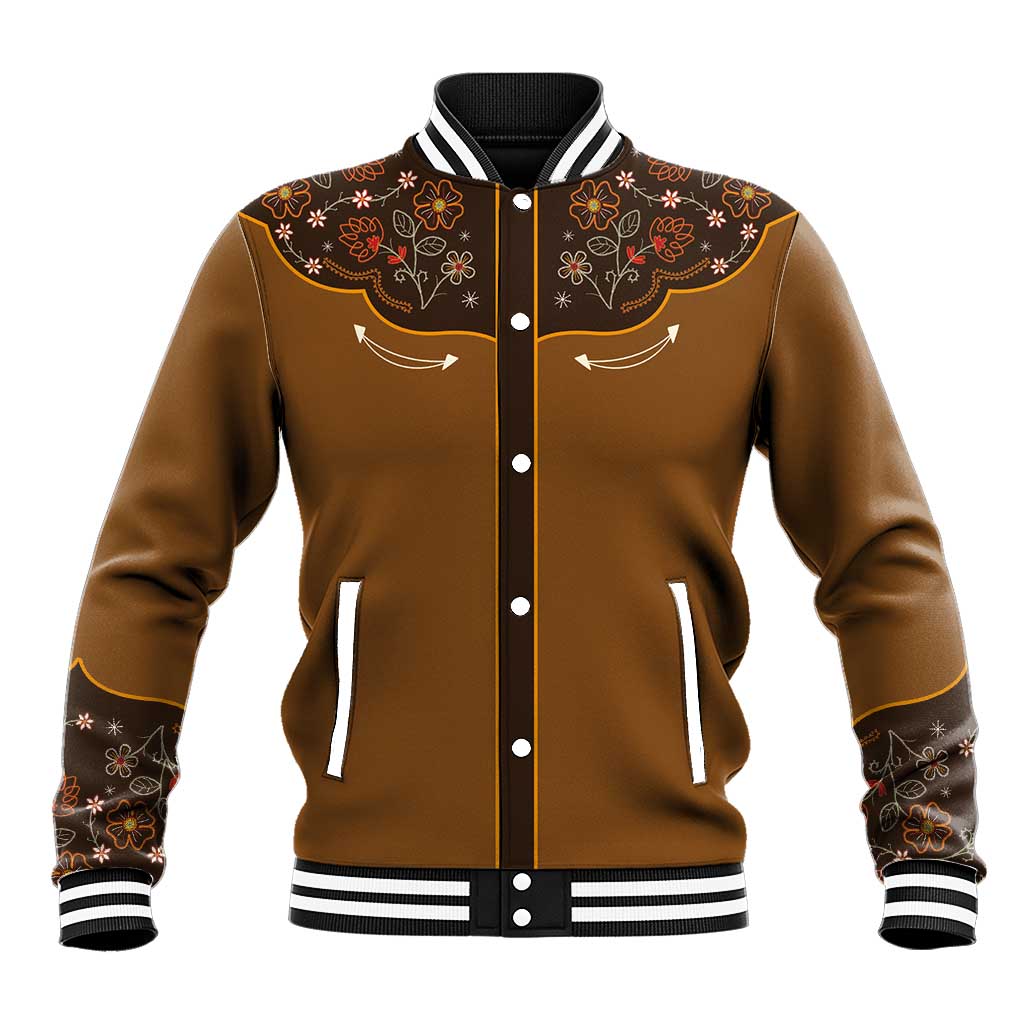 Vintage Western Flowers Yoke Shirt Style Baseball Jacket Brown Color - Wonder Print Shop