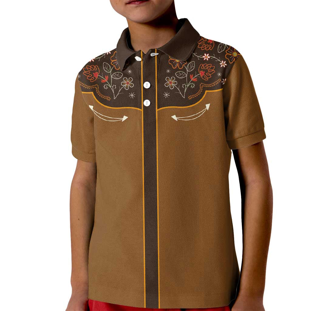 Vintage Western Flowers Yoke Shirt Style Kid Polo Shirt Brown Color - Wonder Print Shop