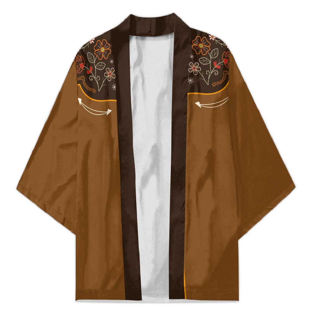 Vintage Western Flowers Yoke Shirt Style Kimono Brown Color - Wonder Print Shop