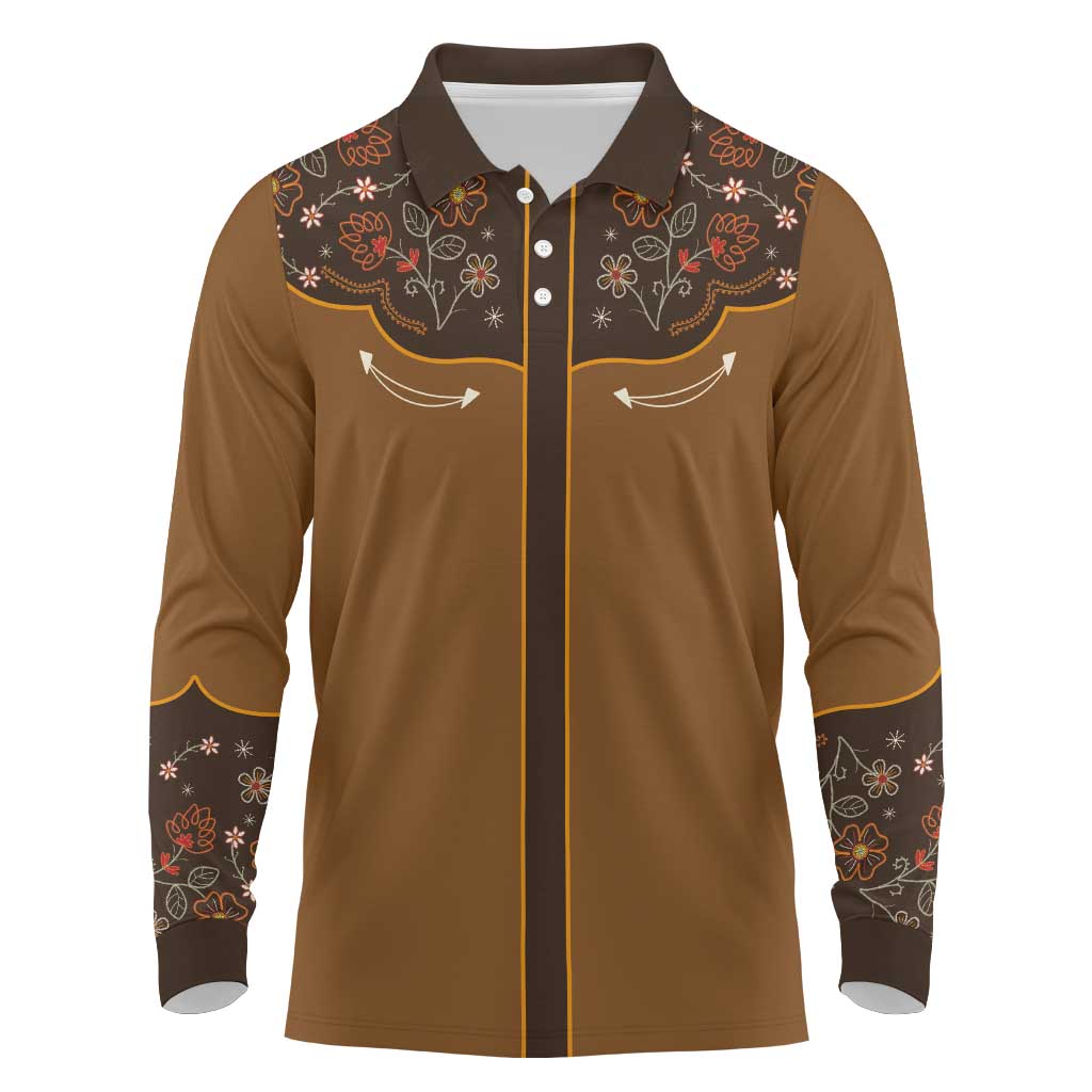 Vintage Western Flowers Yoke Shirt Style Long Sleeve Polo Shirt Brown Color - Wonder Print Shop