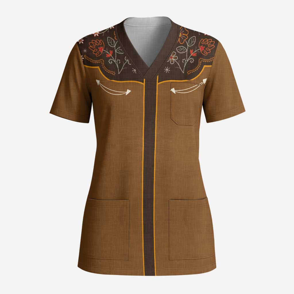 Vintage Western Flowers Yoke Shirt Style Scrub Top Brown Color - Wonder Print Shop