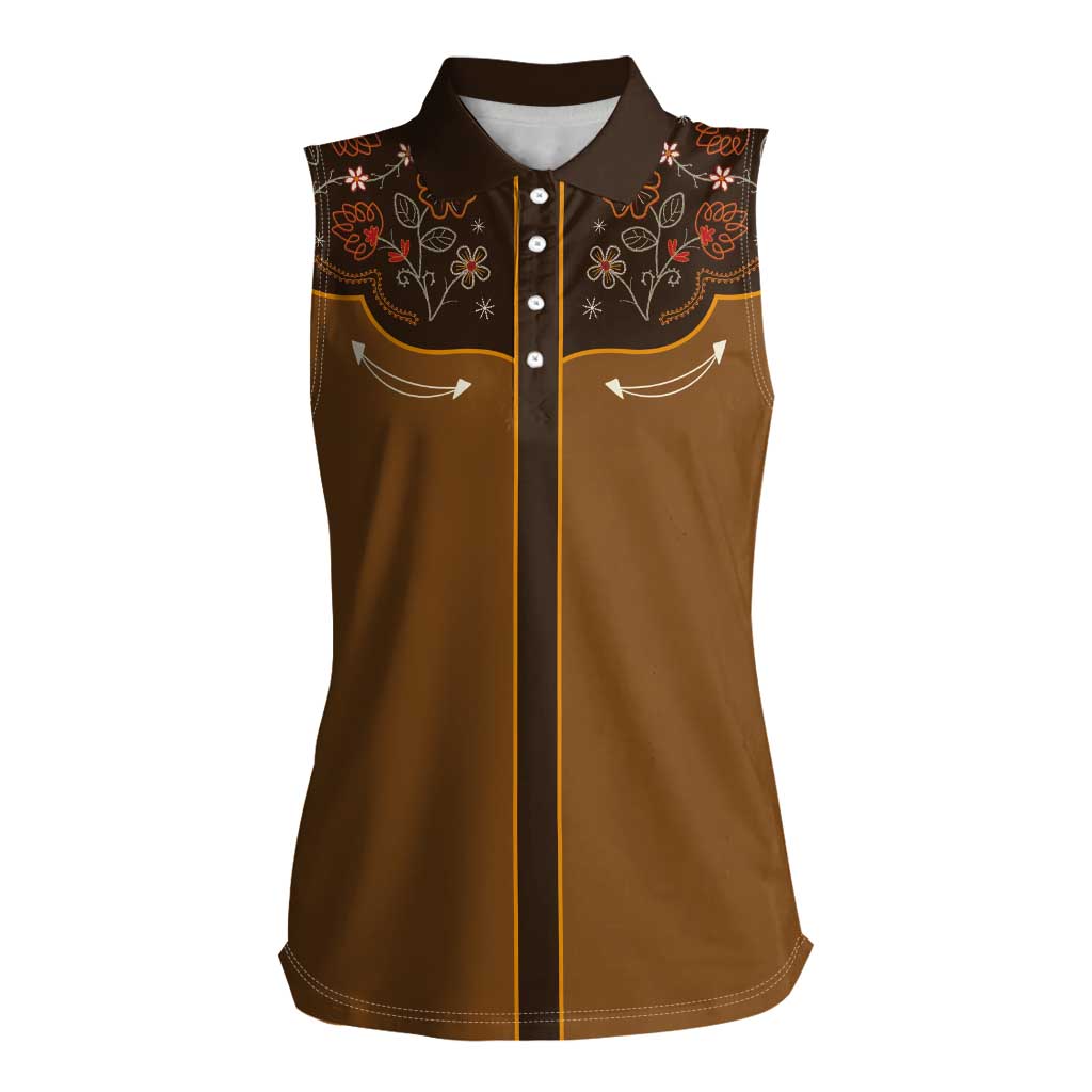 Vintage Western Flowers Yoke Shirt Style Women Sleeveless Polo Shirt Brown Color - Wonder Print Shop