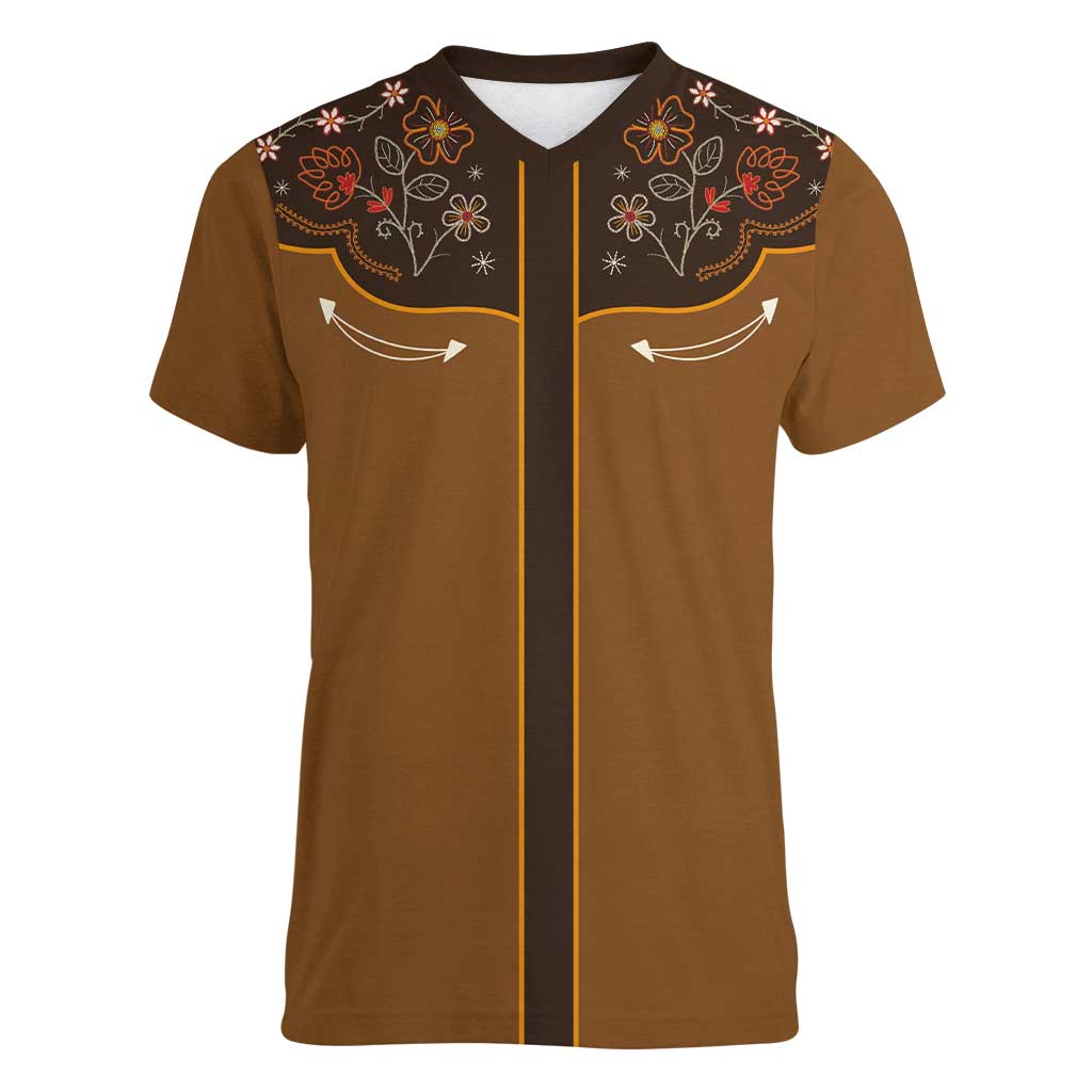 Vintage Western Flowers Yoke Shirt Style Women V-Neck T-Shirt Brown Color - Wonder Print Shop