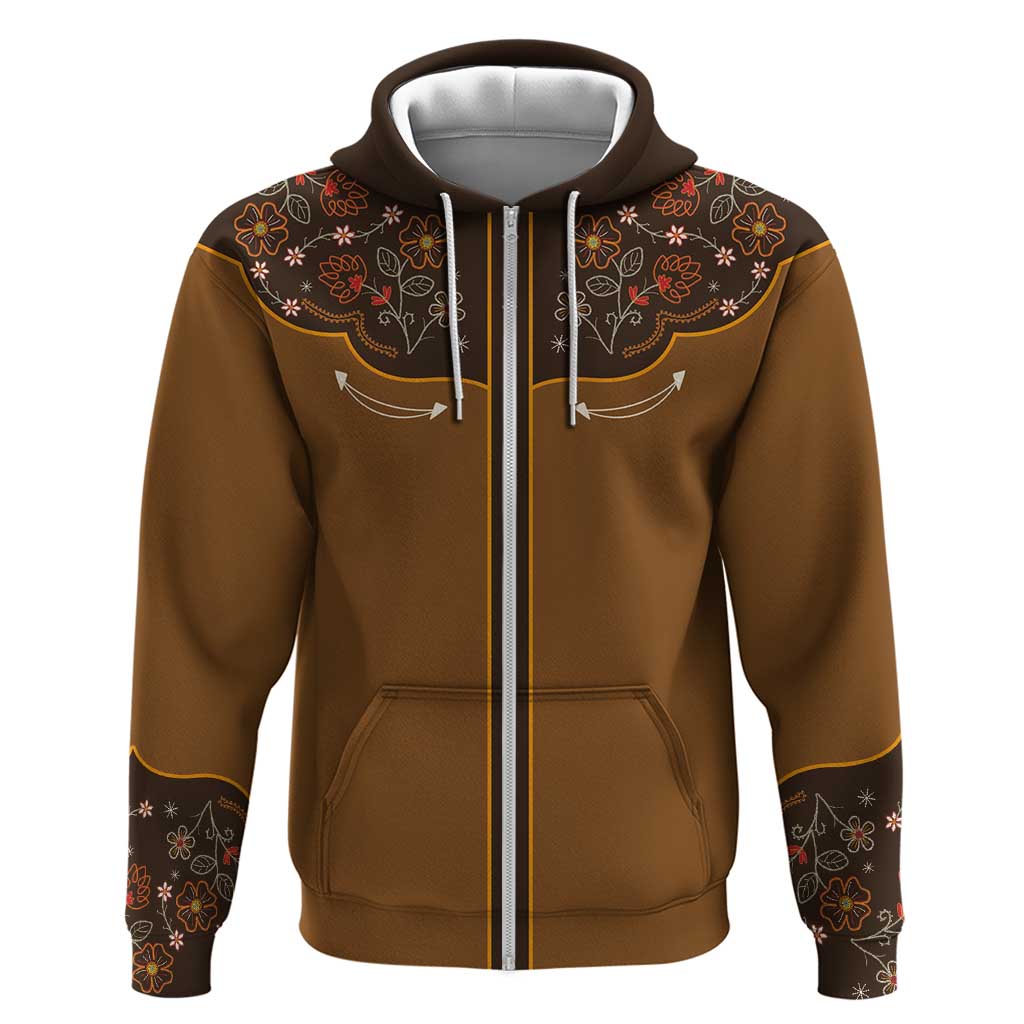 Vintage Western Flowers Yoke Shirt Style Zip Hoodie Brown Color - Wonder Print Shop