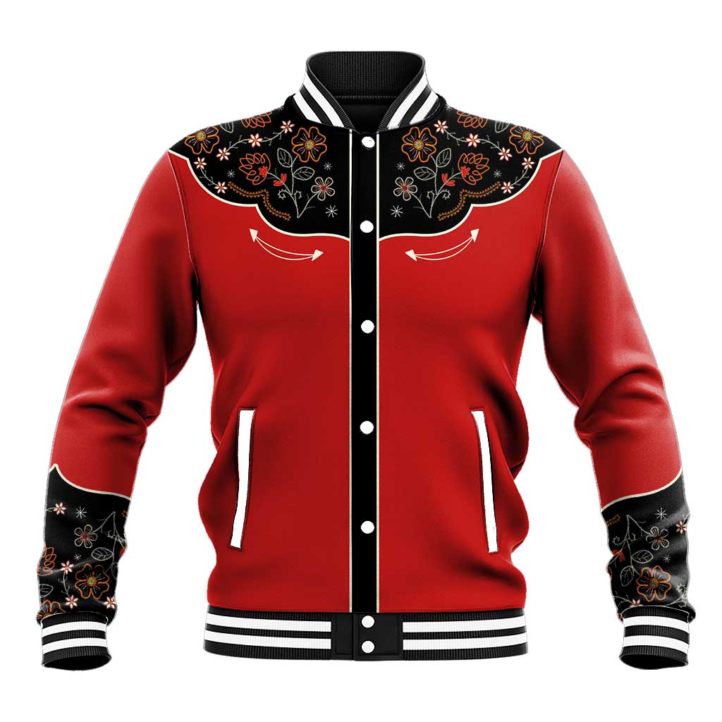 Vintage Western Flowers Yoke Shirt Style Baseball Jacket Red Color - Wonder Print Shop