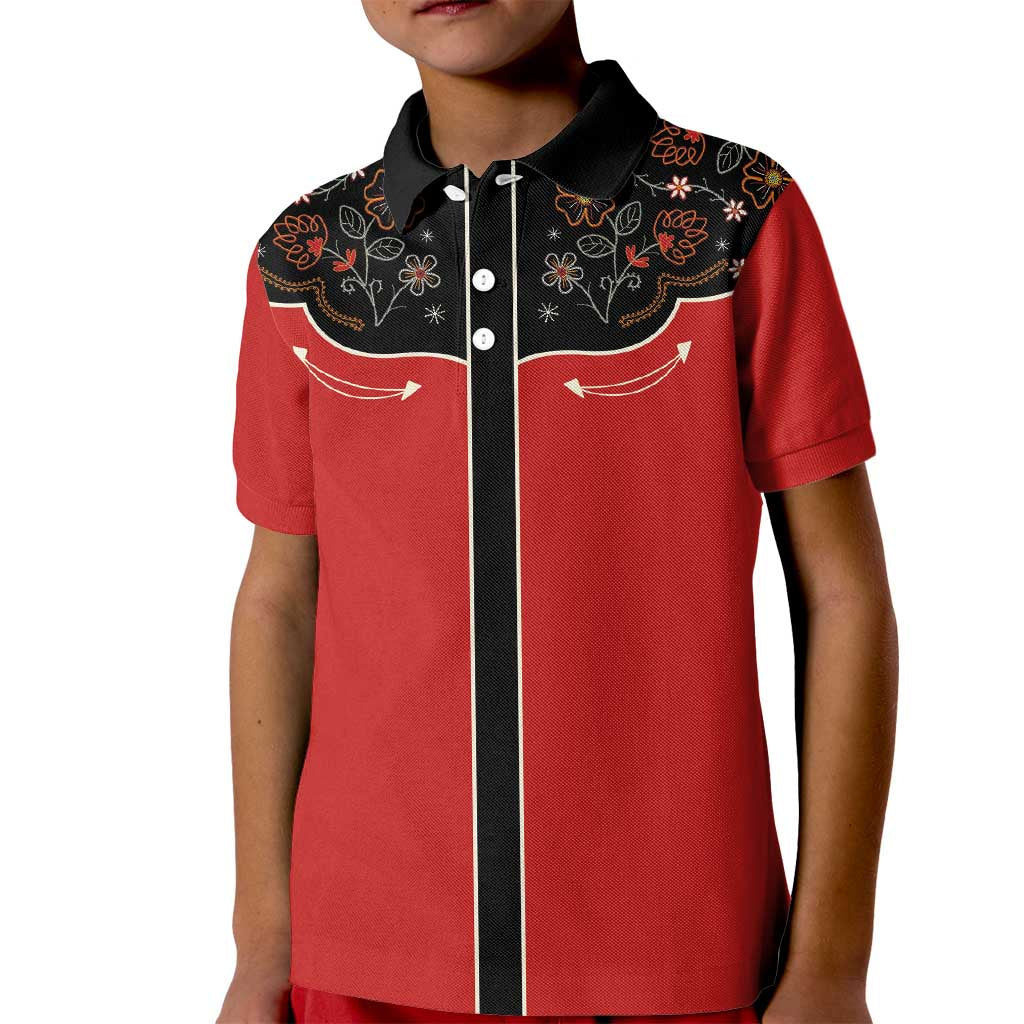 Vintage Western Flowers Yoke Shirt Style Kid Polo Shirt Red Color - Wonder Print Shop