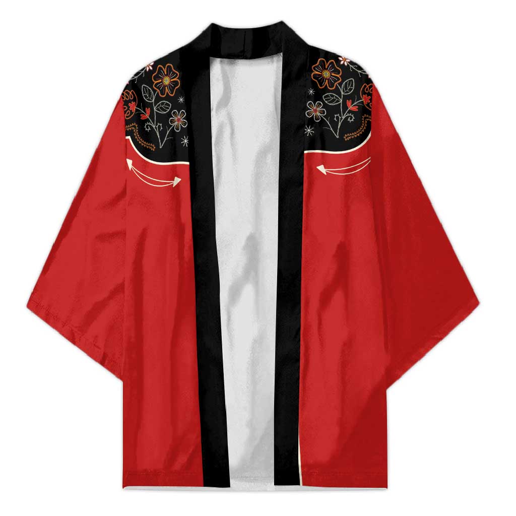 Vintage Western Flowers Yoke Shirt Style Kimono Red Color - Wonder Print Shop