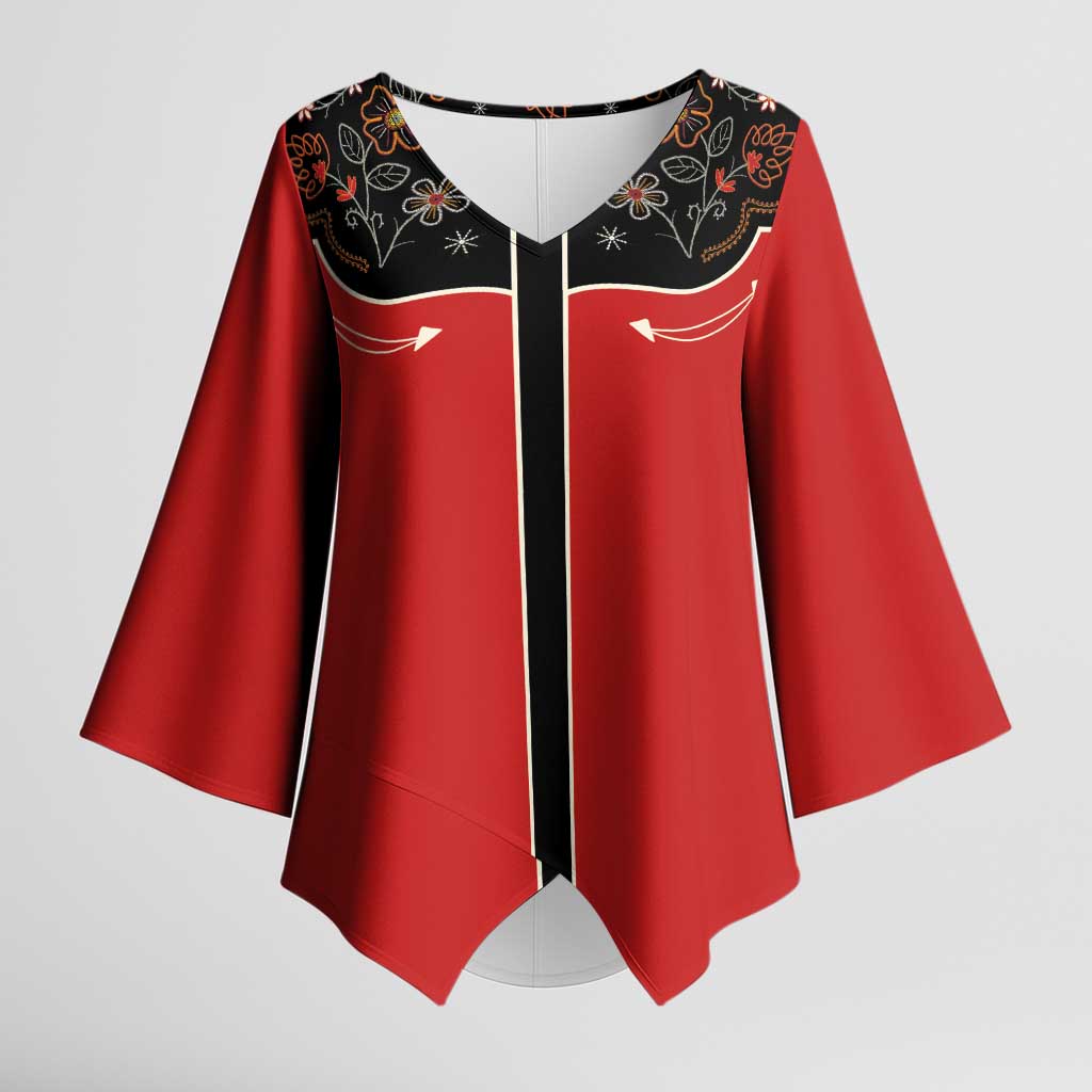 Vintage Western Flowers Yoke Shirt Style Kimono Sleeve Blouse Red Color - Wonder Print Shop