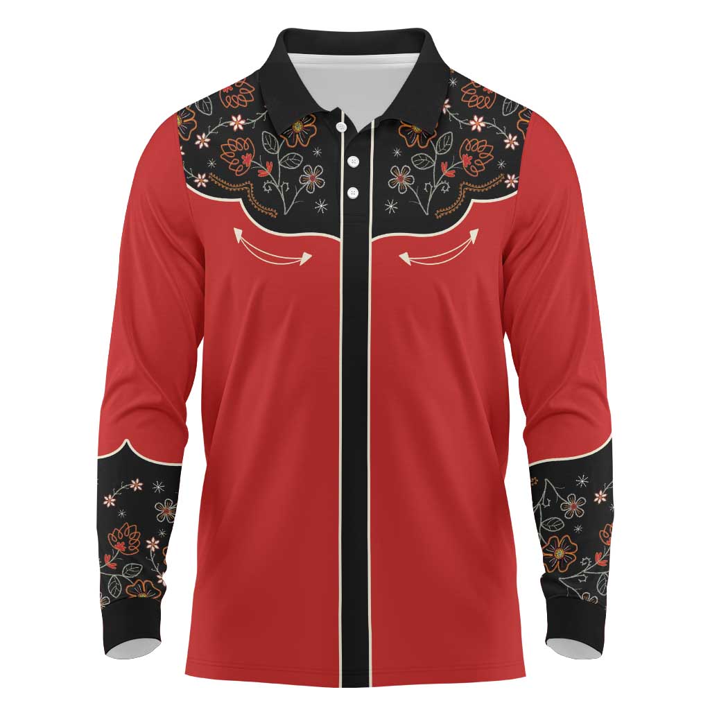 Vintage Western Flowers Yoke Shirt Style Long Sleeve Polo Shirt Red Color - Wonder Print Shop