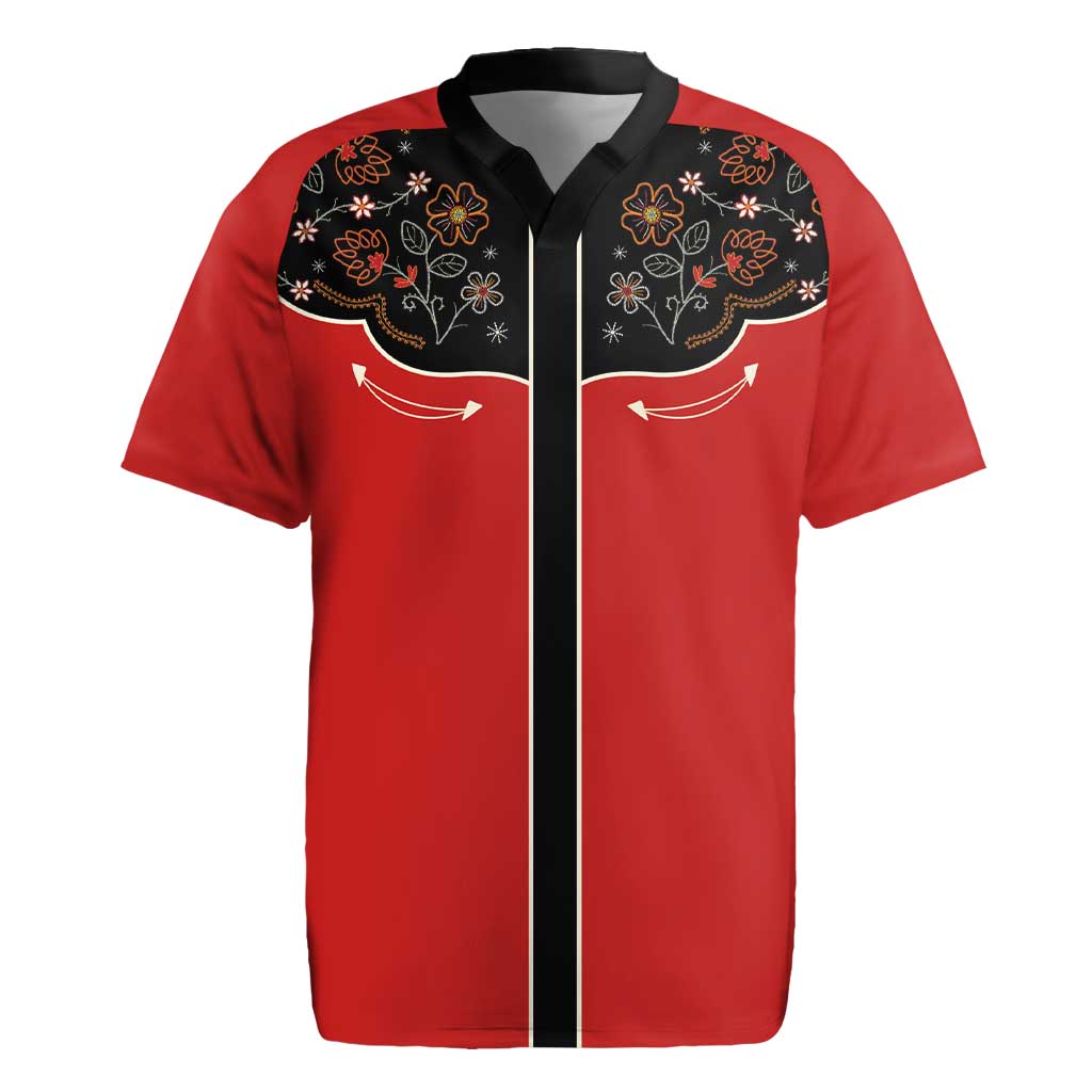 Vintage Western Flowers Yoke Shirt Style Rugby Jersey Red Color - Wonder Print Shop