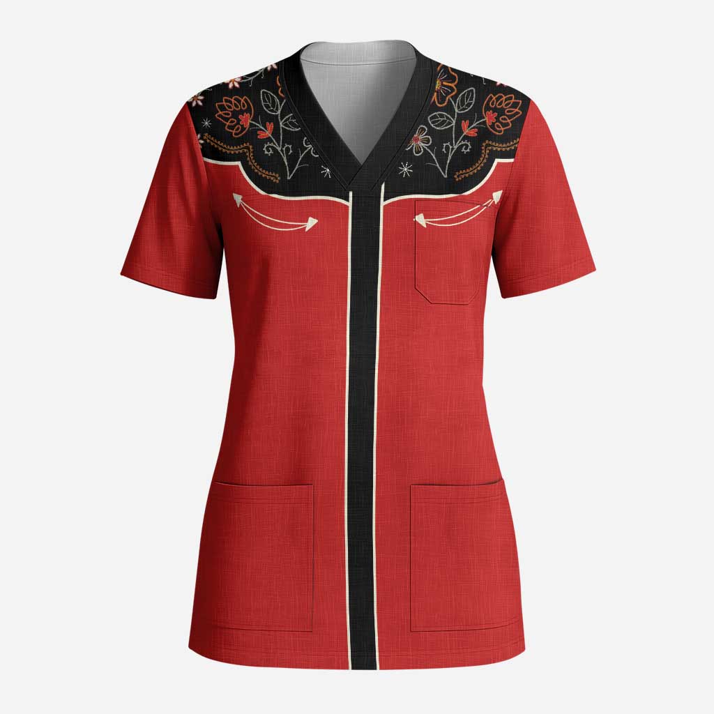 Vintage Western Flowers Yoke Shirt Style Scrub Top Red Color - Wonder Print Shop
