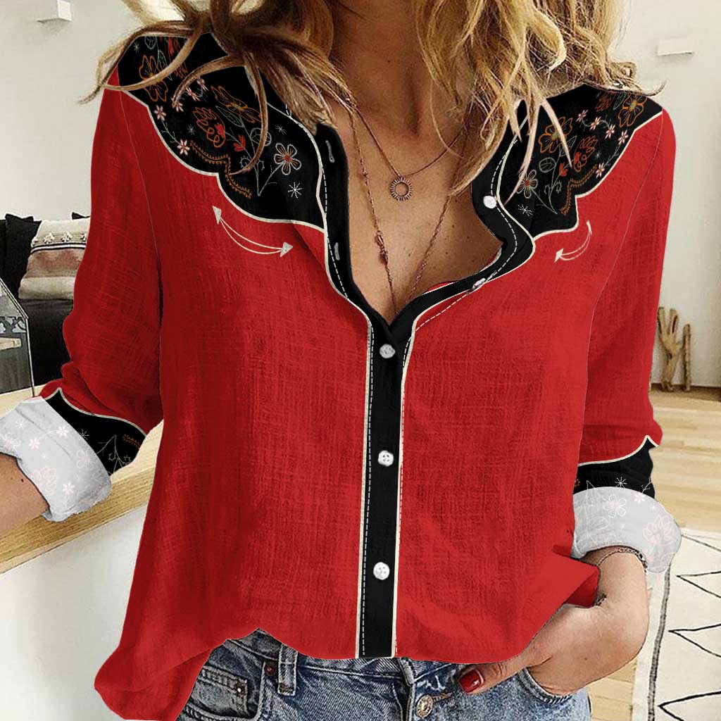 Vintage Western Flowers Yoke Shirt Style Women Casual Shirt Red Color - Wonder Print Shop